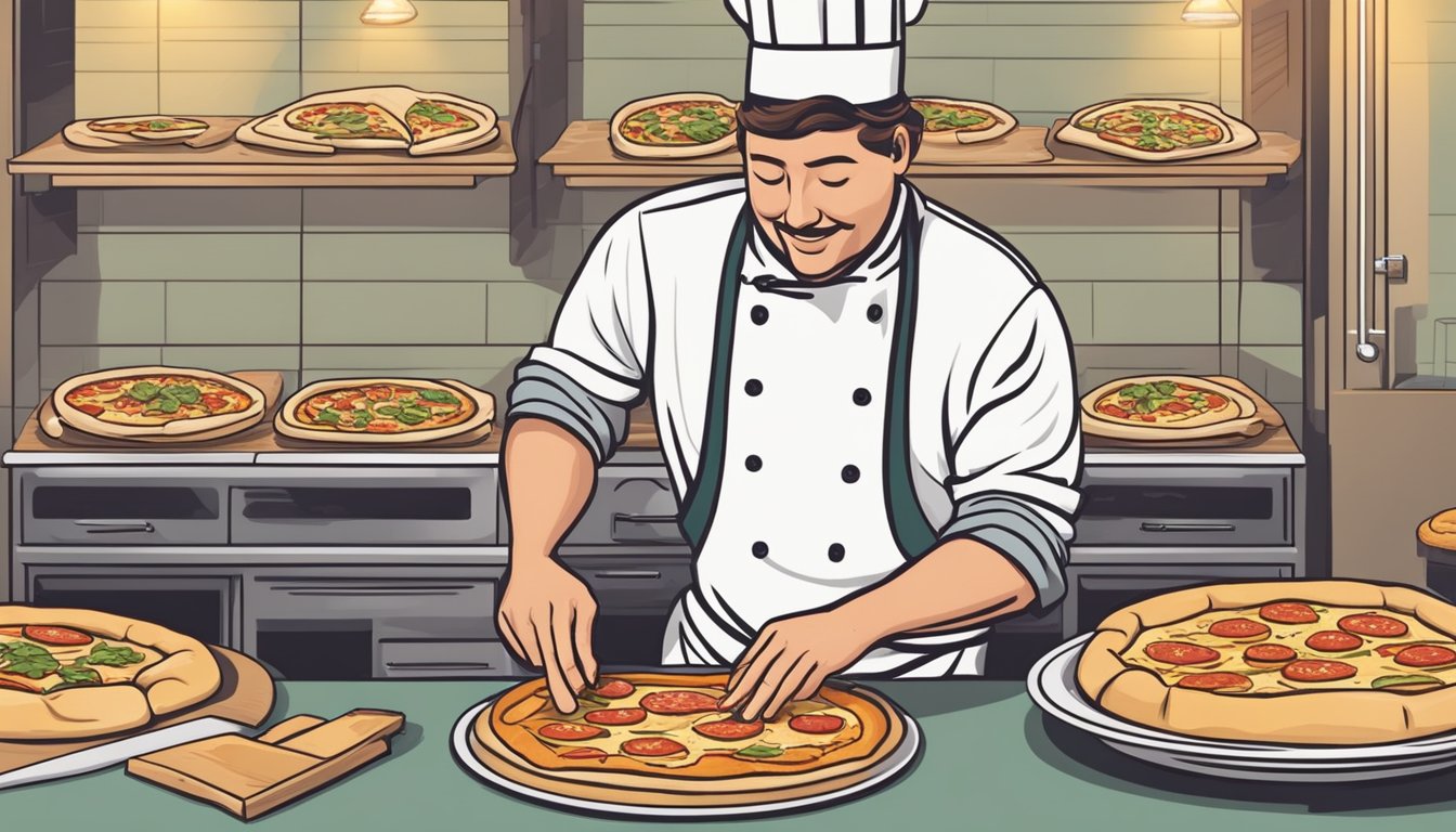 A chef expertly stretches and shapes pizza dough, folding in vegan cheese for a stuffed crust