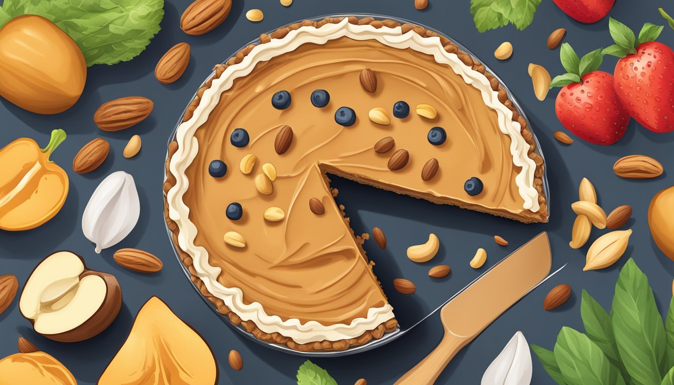 A slice of peanut butter pie surrounded by a variety of plant-based ingredients such as nuts, fruits, and vegetables