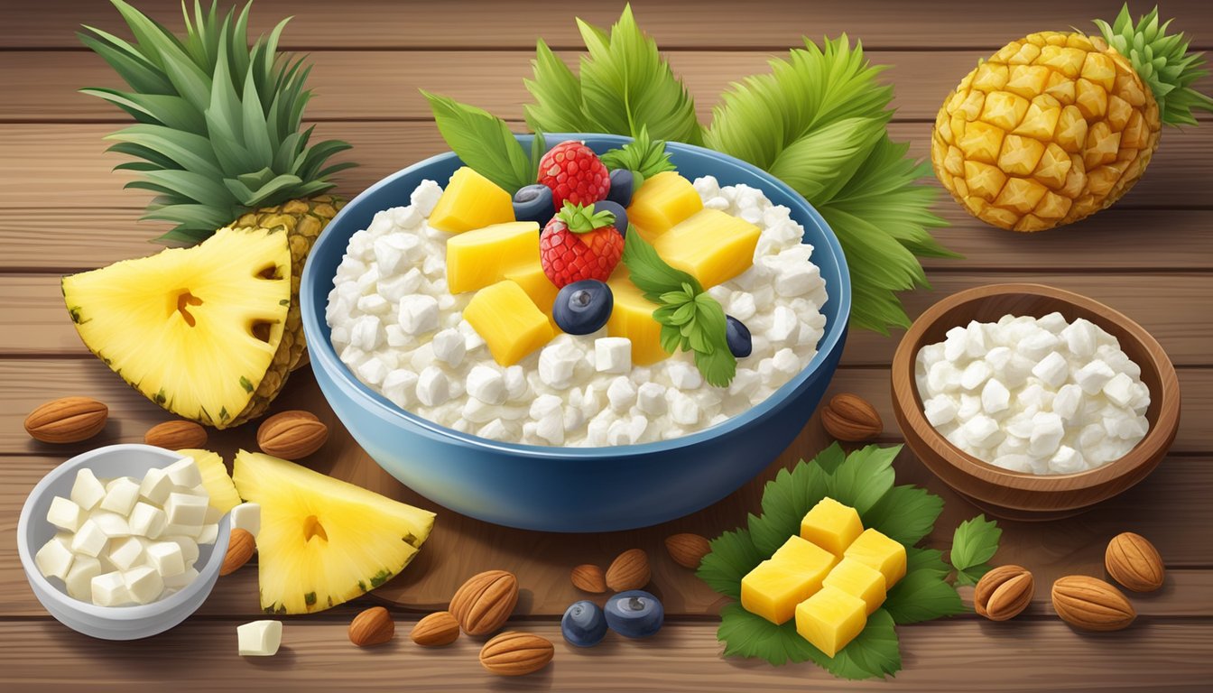 A bowl of cottage cheese topped with pineapple, surrounded by a selection of fresh fruits and nuts, set on a wooden table