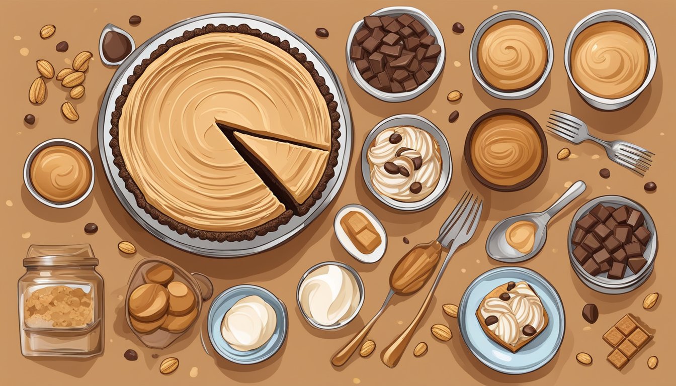 A creamy peanut butter pie surrounded by a variety of vegan dessert ingredients like coconut milk, maple syrup, and chocolate chips