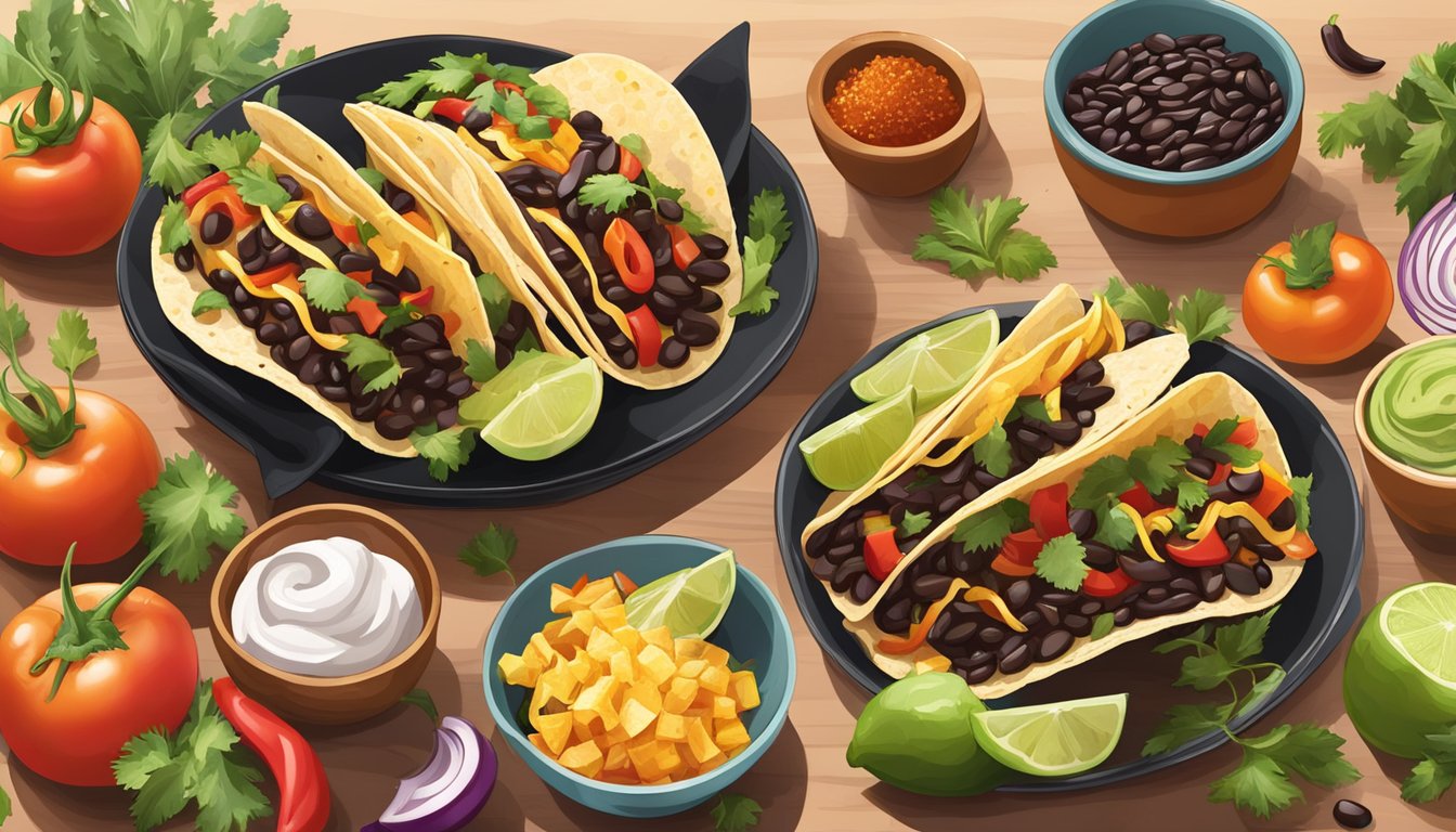 A colorful spread of spicy black bean tacos surrounded by fresh ingredients and vibrant garnishes