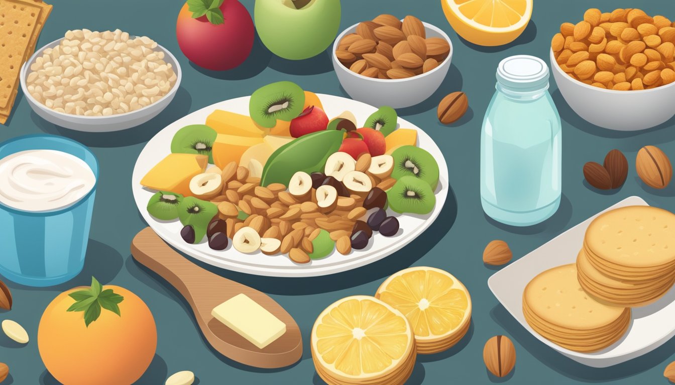 A table with a variety of healthy snacks: nuts, fruits, yogurt, and whole grain crackers. A water bottle and sports equipment nearby