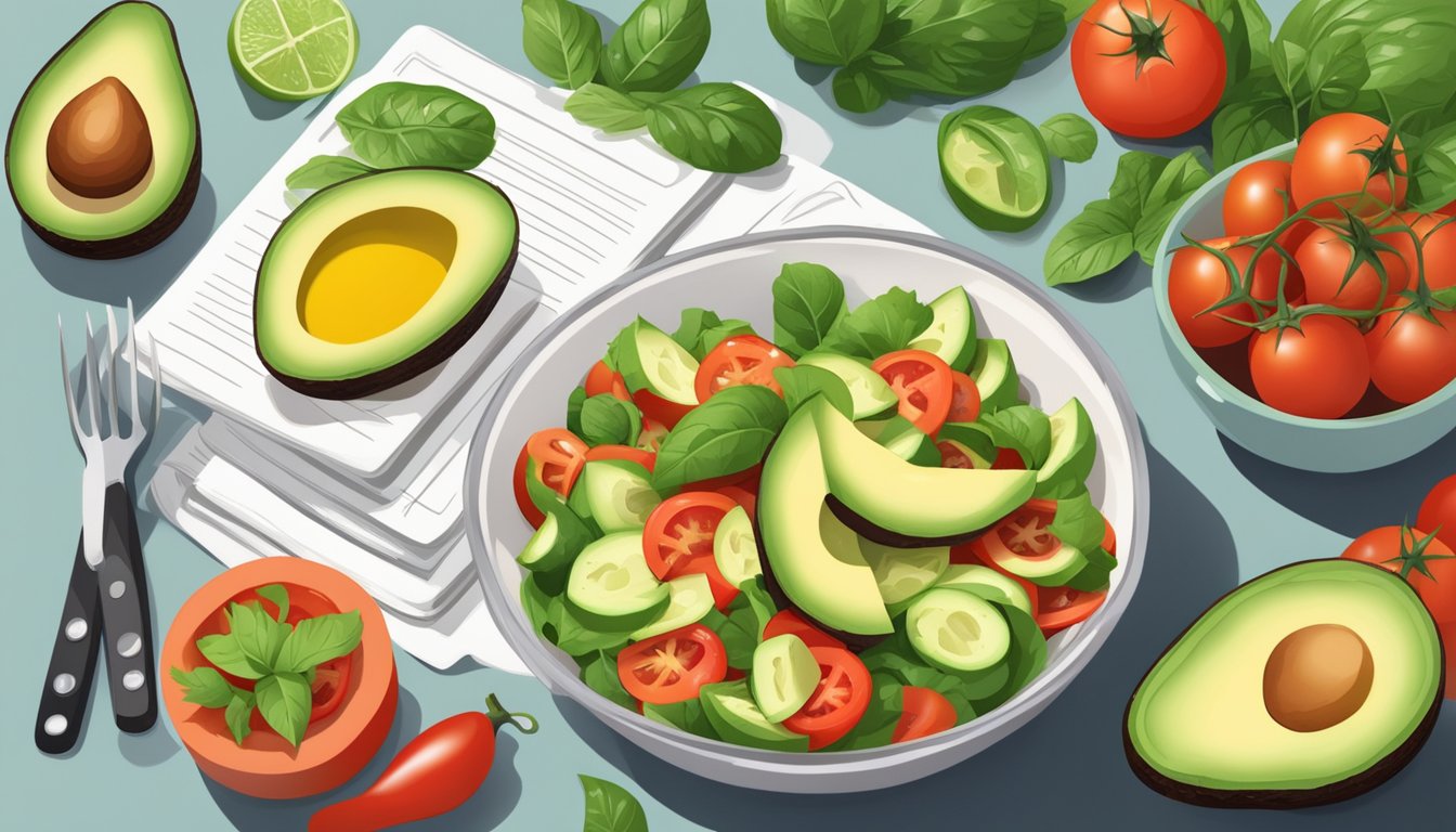 A bowl of avocado and tomato salad surrounded by fresh ingredients and a diabetes-friendly recipe book