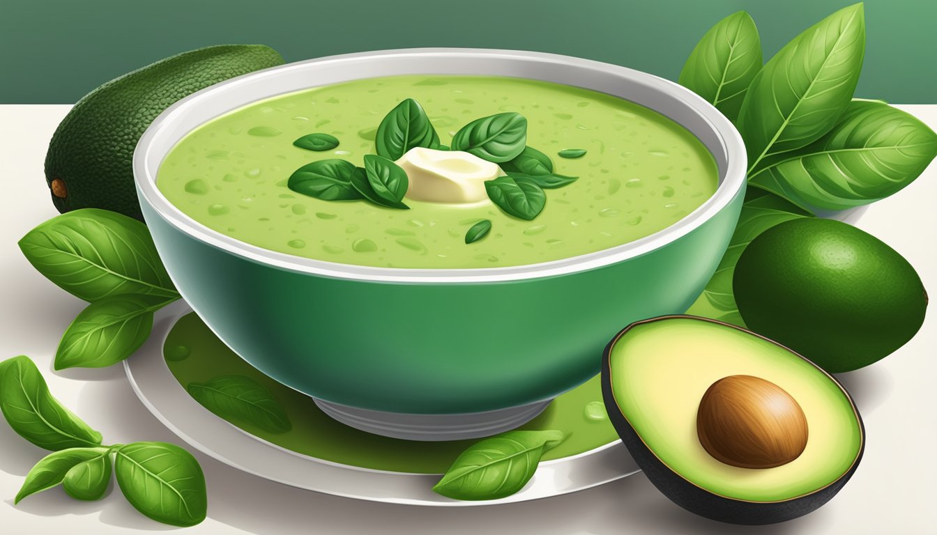 A bowl of creamy green soup surrounded by fresh avocados and spinach leaves