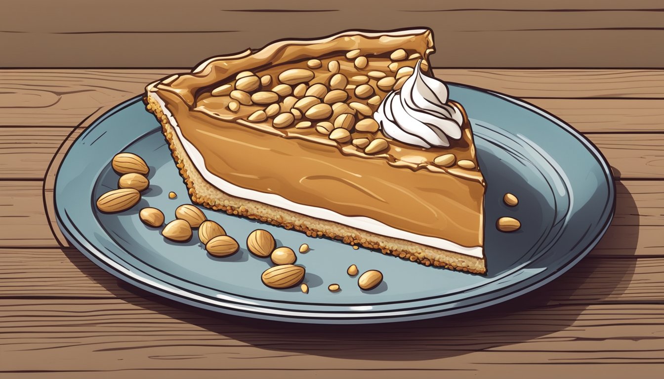 A slice of peanut butter pie on a rustic wooden table with a dollop of whipped cream and a sprinkle of crushed peanuts