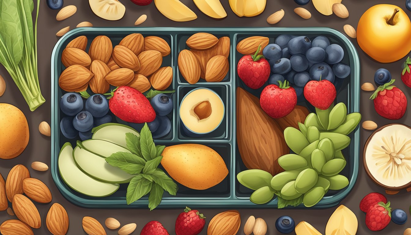 A variety of almonds arranged with fruits, vegetables, and other healthy snacks on a travel-friendly tray