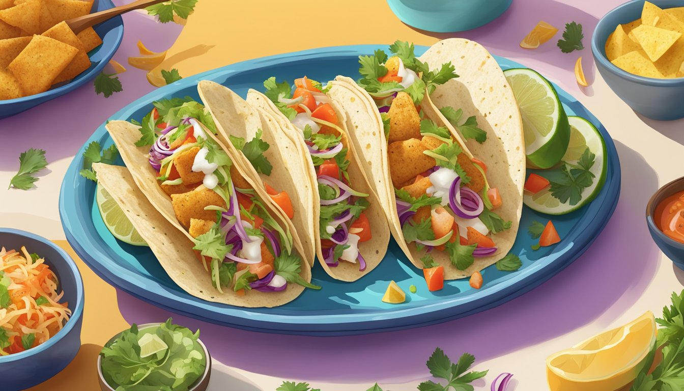 A colorful array of baked cod fish tacos surrounded by fresh ingredients and garnishes on a vibrant serving platter