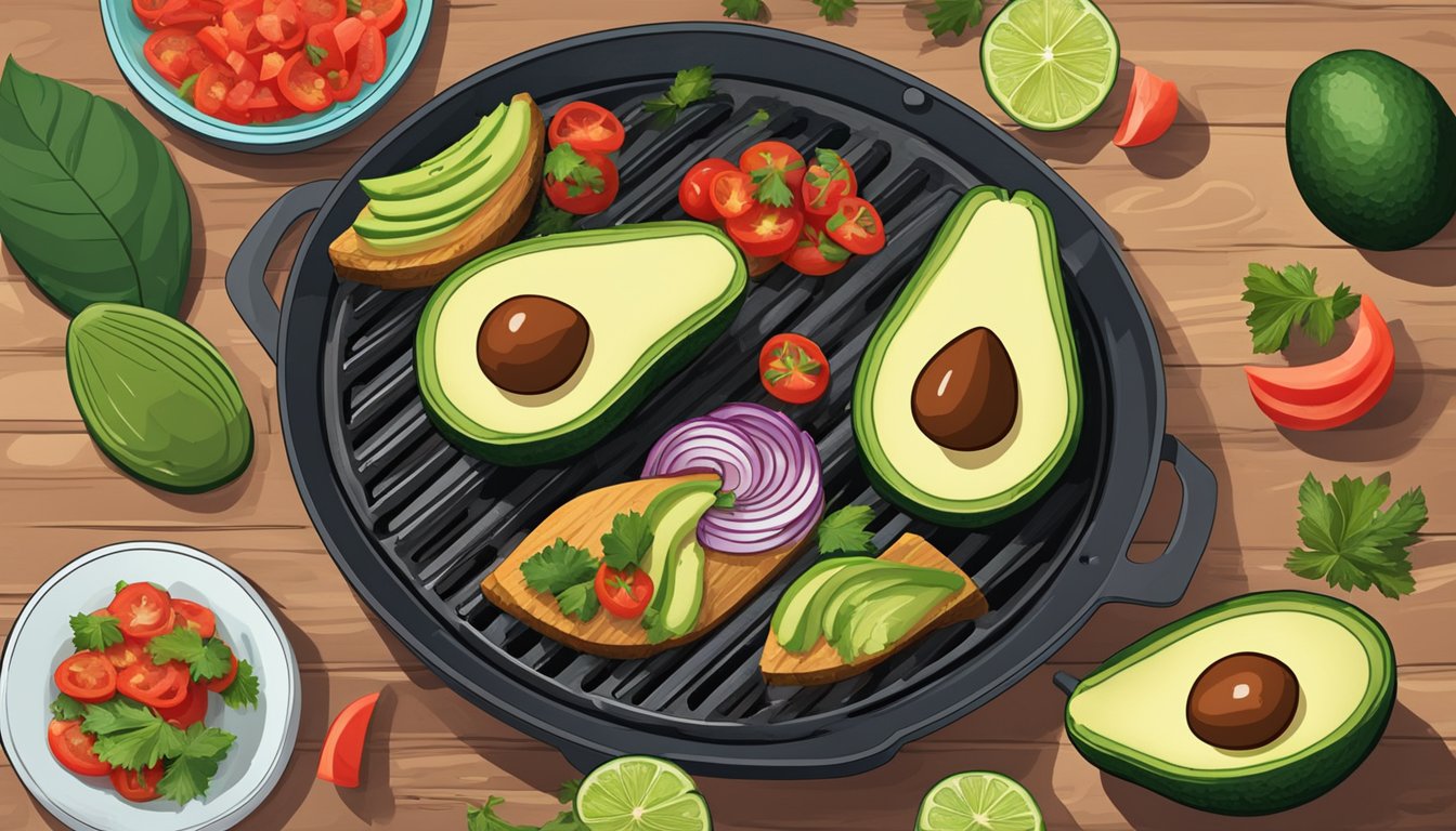 A halved avocado on a grill with vibrant salsa on top, surrounded by fresh ingredients and a warm, inviting atmosphere