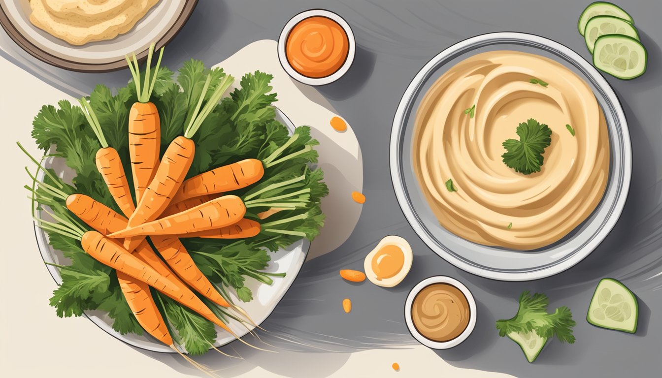 A plate of baby carrots and a bowl of hummus arranged with other healthy snacks for diabetic travelers