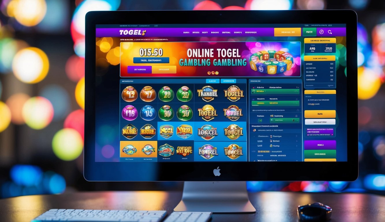 Sebuah layar komputer menampilkan situs web perjudian Togel online yang berwarna-warni dan cerah dengan berbagai opsi permainan dan fitur taruhan