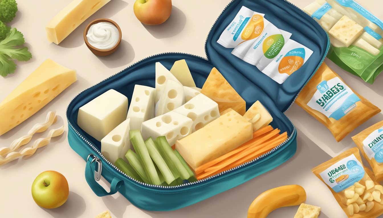 A variety of string cheese and healthy snacks arranged in a travel bag with a diabetes awareness ribbon