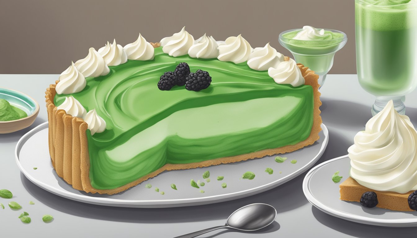 A table set with ingredients for a vegan grasshopper pie, including a pie crust, green filling, and whipped cream topping