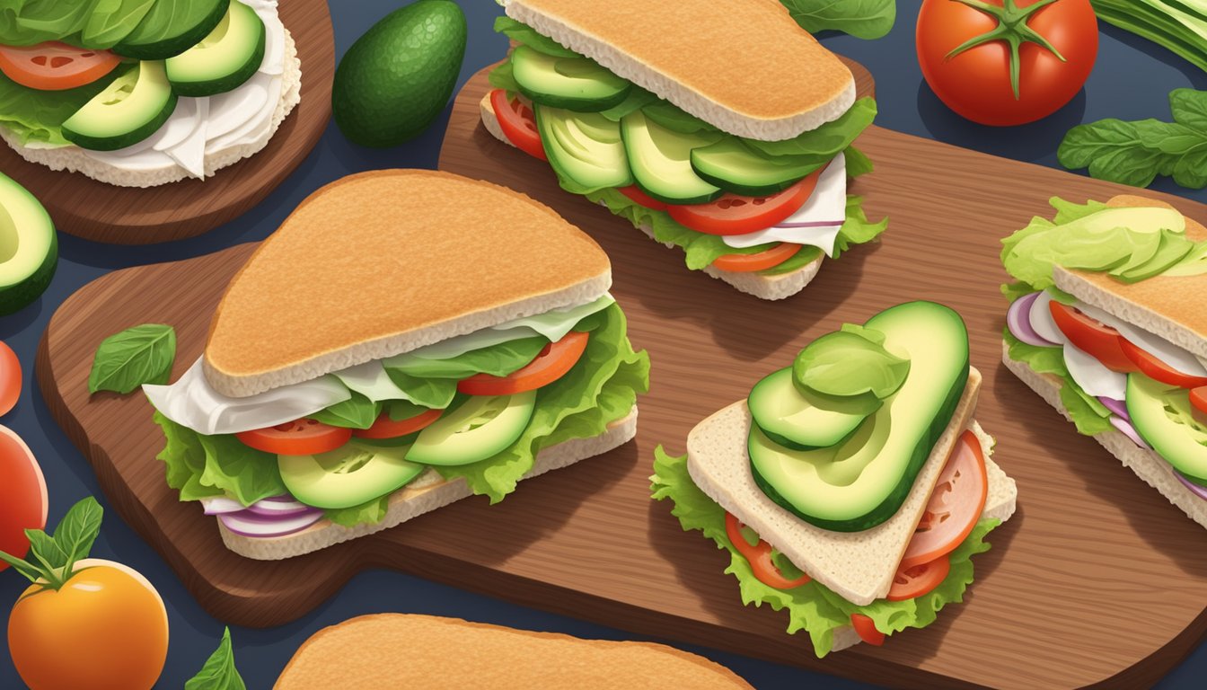 A colorful array of whole wheat turkey avocado sandwiches arranged on a wooden cutting board, surrounded by fresh ingredients like lettuce, tomato, and cucumber