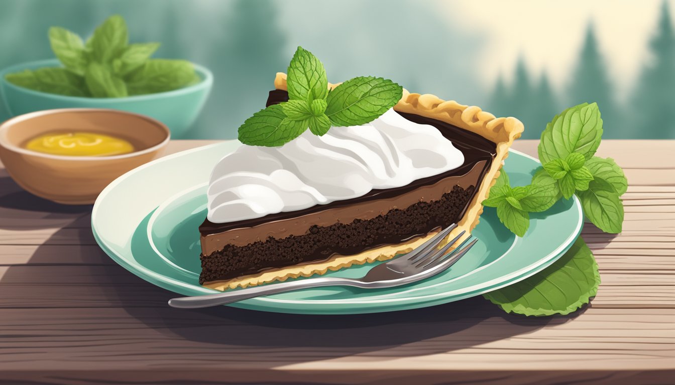 A slice of grasshopper pie on a white plate with a dollop of vegan whipped cream and a sprig of fresh mint, set on a wooden table