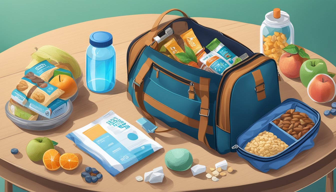 A traveler's bag open on a table, filled with healthy snacks like nuts, fruits, and protein bars. A water bottle and insulin pen nearby