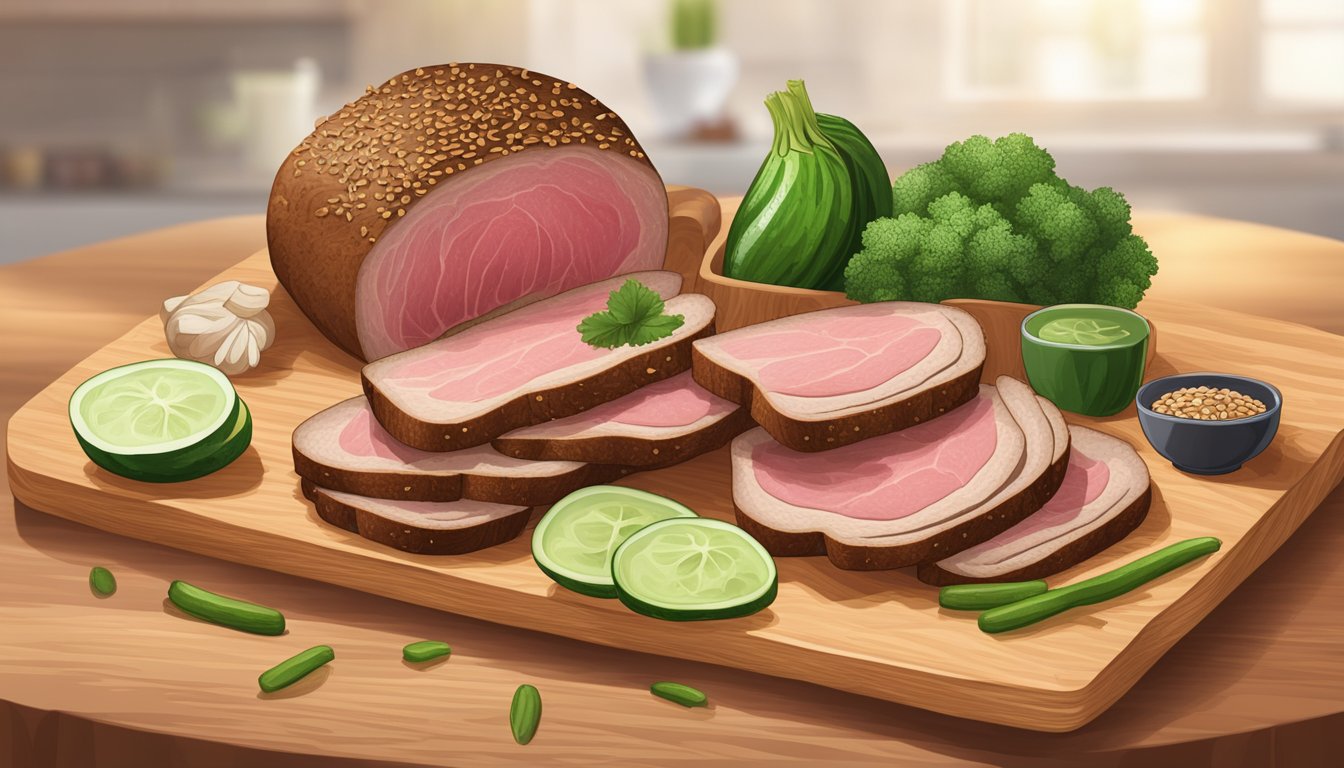 A colorful array of fresh ingredients arranged on a wooden cutting board, including slices of roast beef, crisp cucumber, and whole grain bread