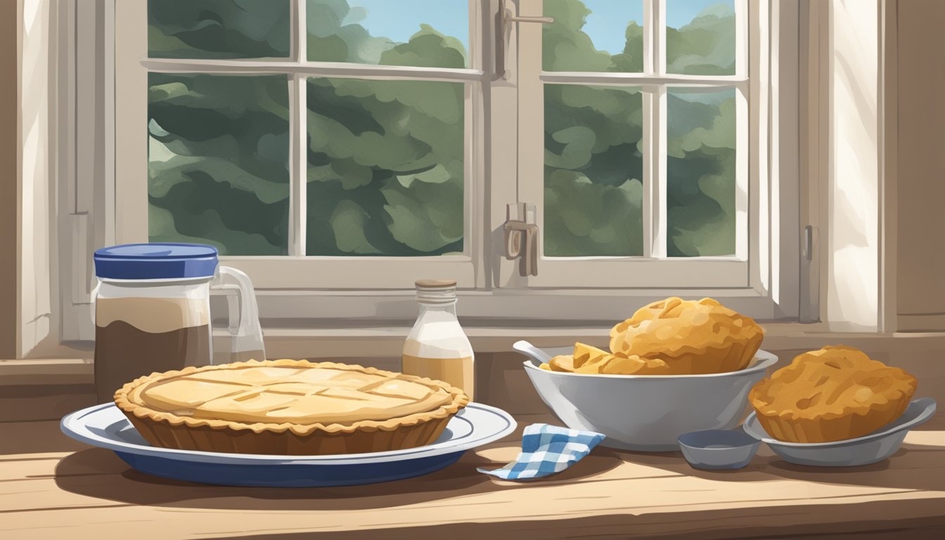 A rustic kitchen with a pie cooling on a windowsill, a buttermilk carton nearby