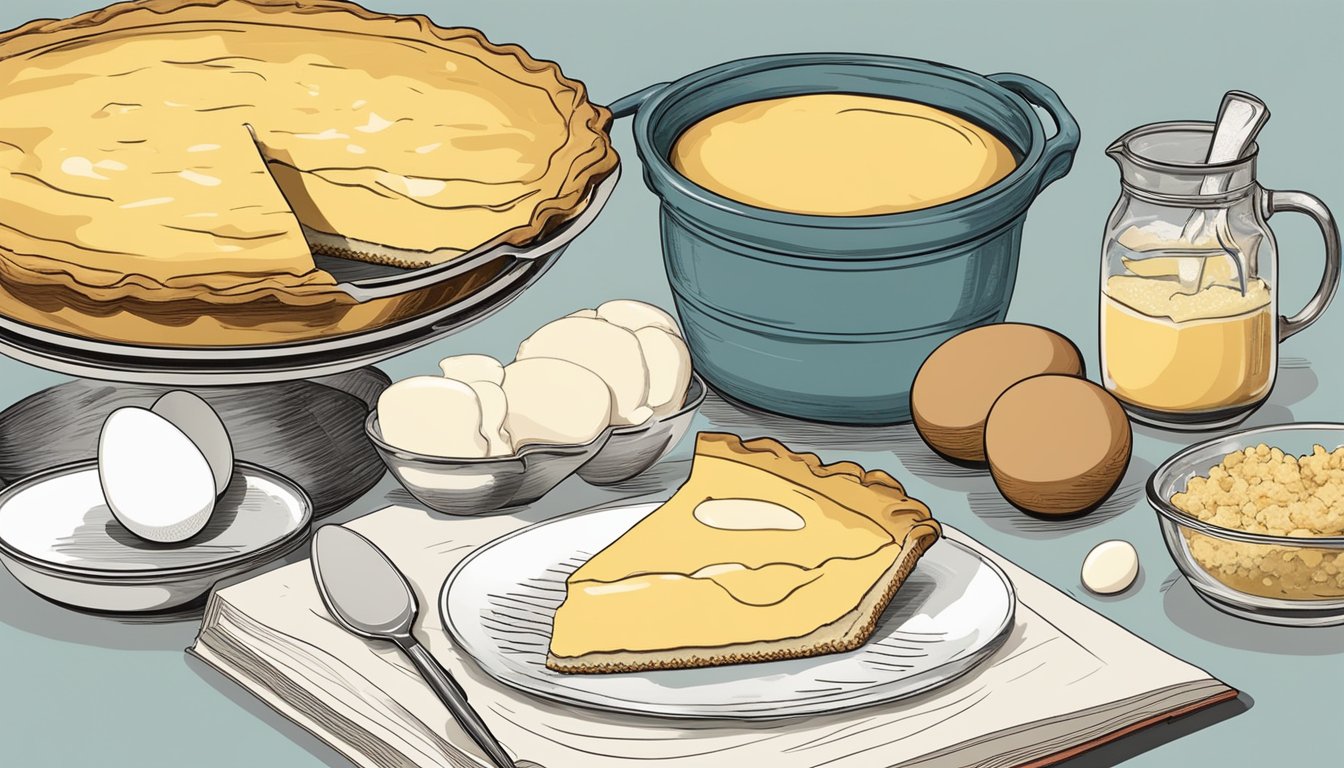 A rustic kitchen counter with a mixing bowl, buttermilk, eggs, sugar, and a pie dish. A vintage recipe book is open to a buttermilk pie recipe