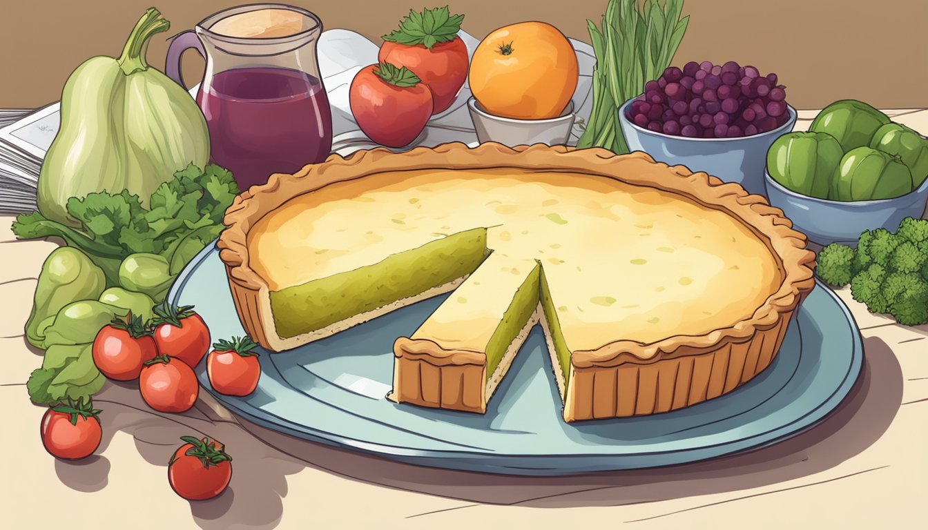 A table set with a slice of buttermilk pie surrounded by fresh fruits and vegetables, with a cookbook open to a page on vegan recipes