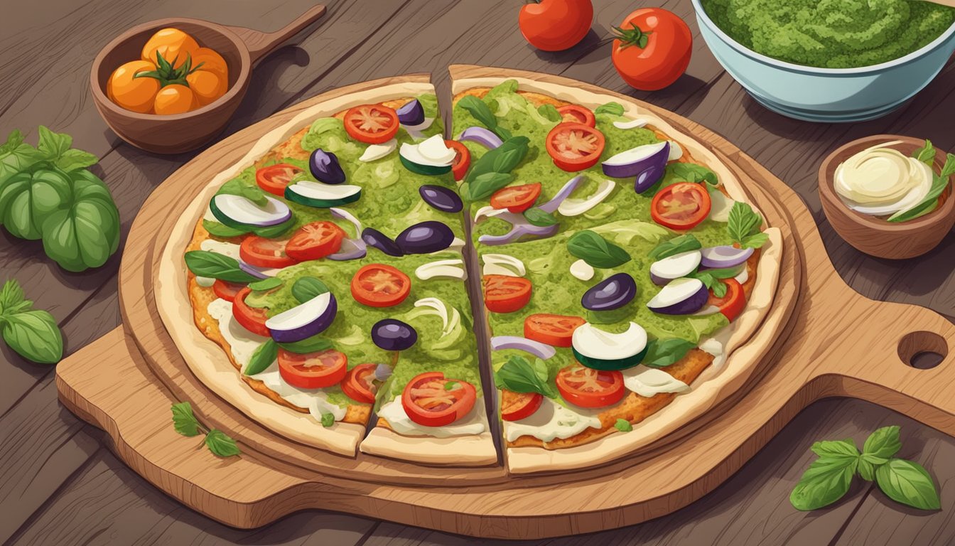 A vegan chef prepares a colorful chicken pesto pizza with fresh vegetables and dairy-free cheese on a wooden cutting board