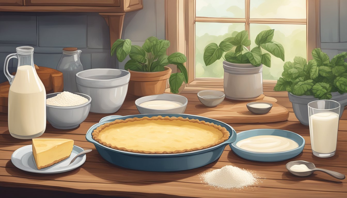 A rustic kitchen with ingredients for Vegan Buttermilk Pie on a wooden table, including plant-based milk, flour, sugar, and a pie dish