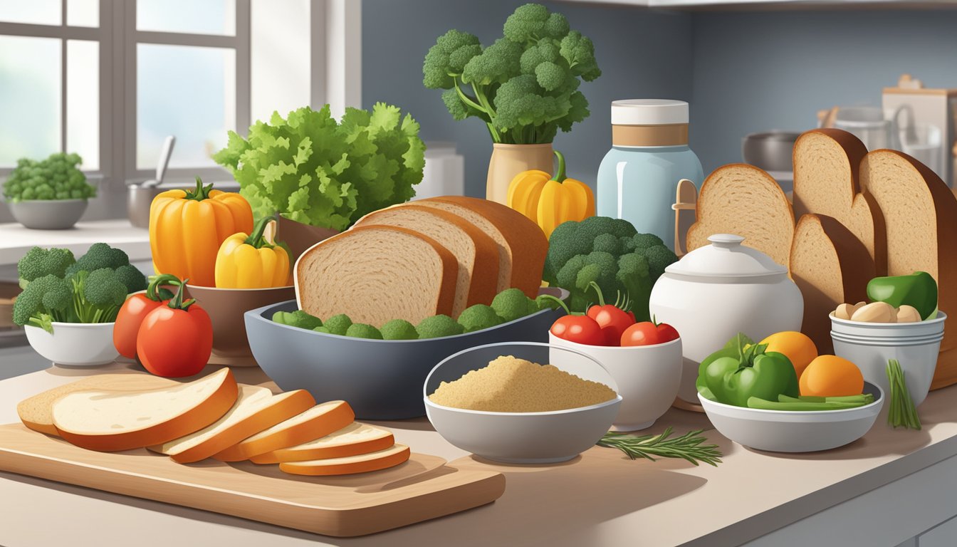 A colorful array of fresh ingredients, including whole grain bread, lean protein, and assorted vegetables, arranged on a clean, modern kitchen countertop