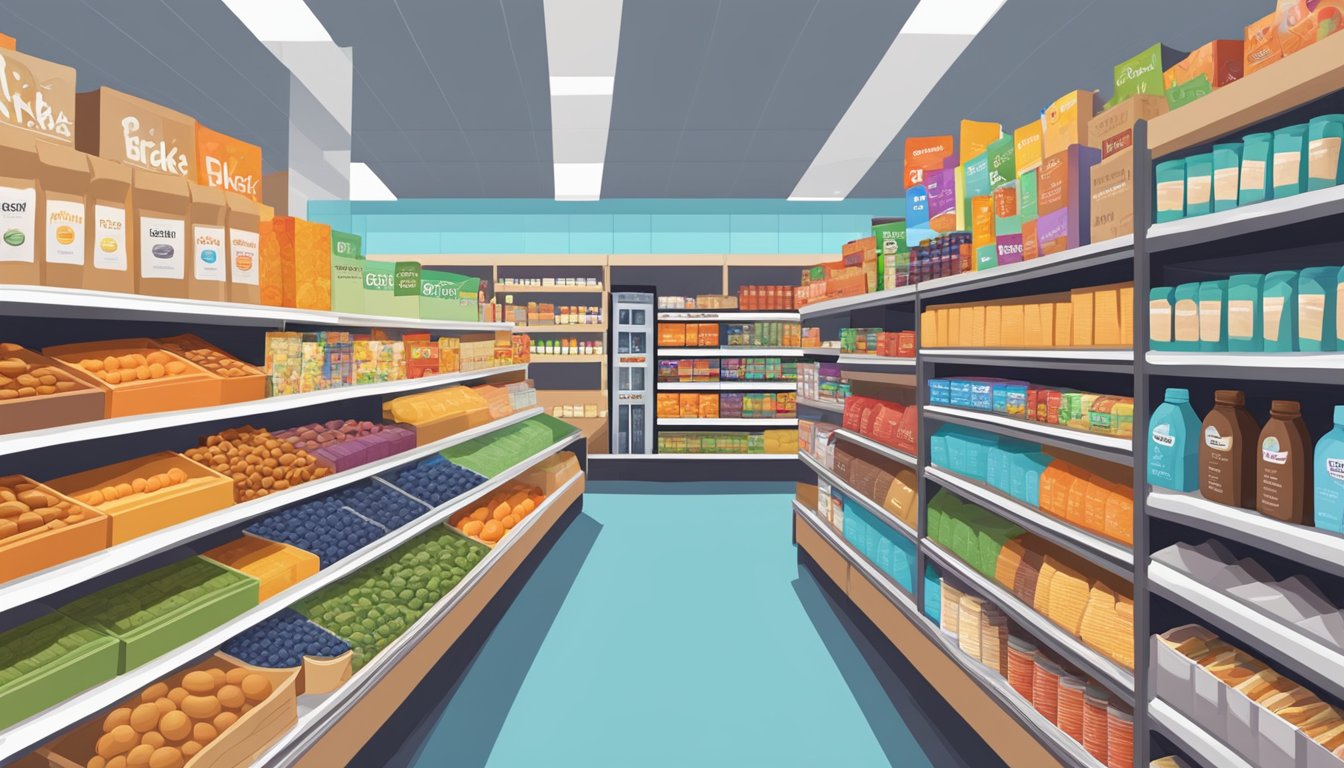 A colorful grocery store aisle with shelves stocked with various healthy snacks, including RXBAR Peanut Butter, neatly arranged and inviting