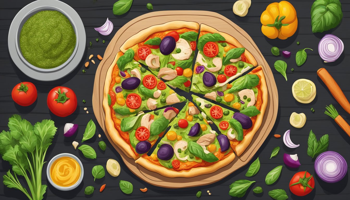 A colorful vegan pizza with chicken, pesto, and assorted vegetables on a wooden pizza peel