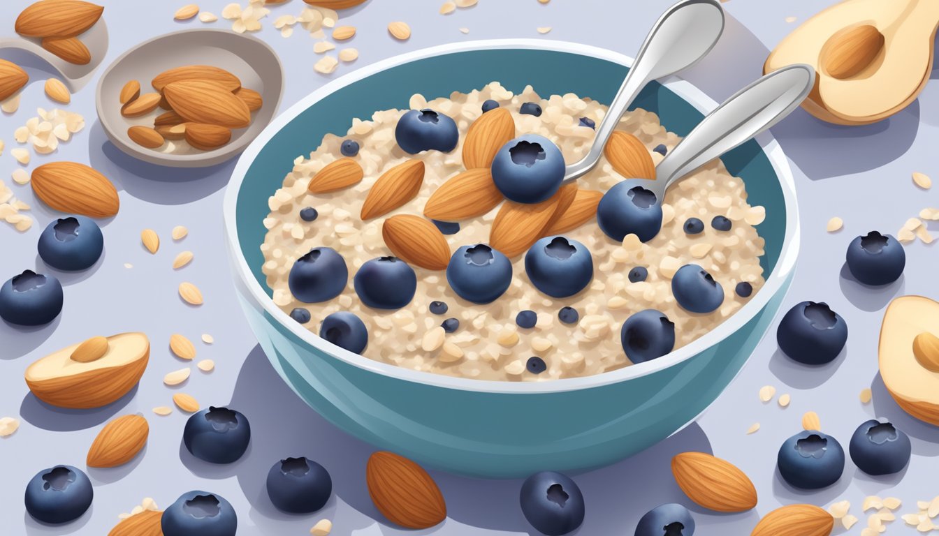 A bowl of blueberry almond oatmeal surrounded by fresh blueberries, almond slices, and various toppings, with a spoon resting on the side