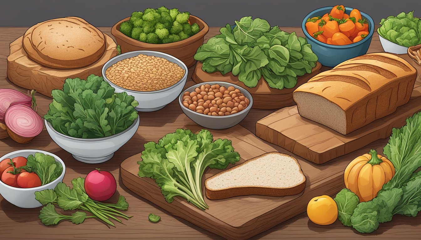 A table with colorful ingredients: whole grain bread, leafy greens, lean meats, and various vegetables