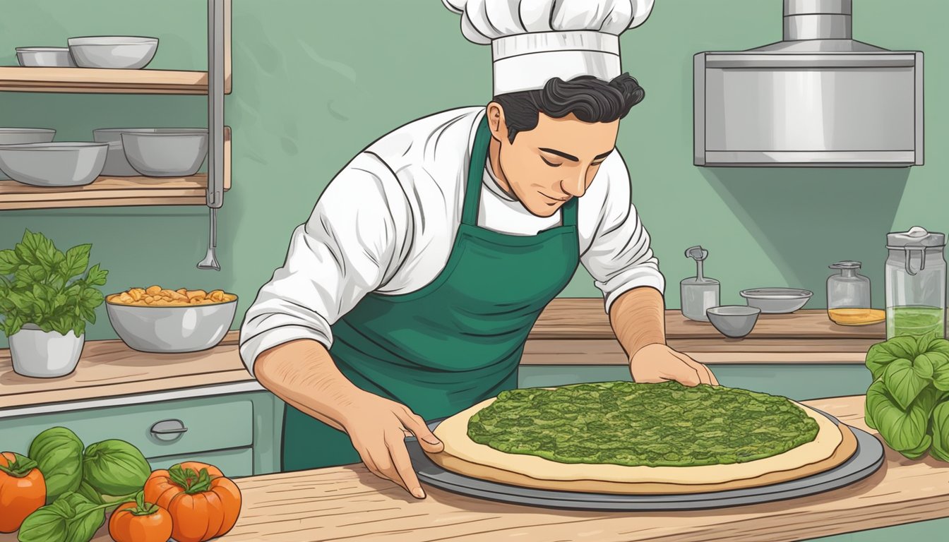 A chef prepares a vegan pesto pizza, using plant-based ingredients and carefully arranging them on the dough before placing it in the oven