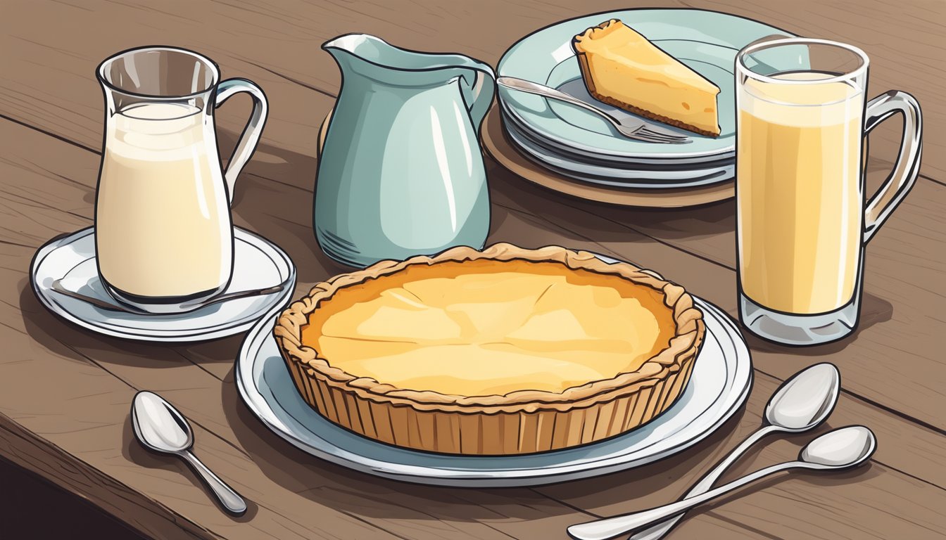 A rustic kitchen table set with a freshly baked vegan buttermilk pie, surrounded by a pitcher of almond milk and a stack of dessert plates