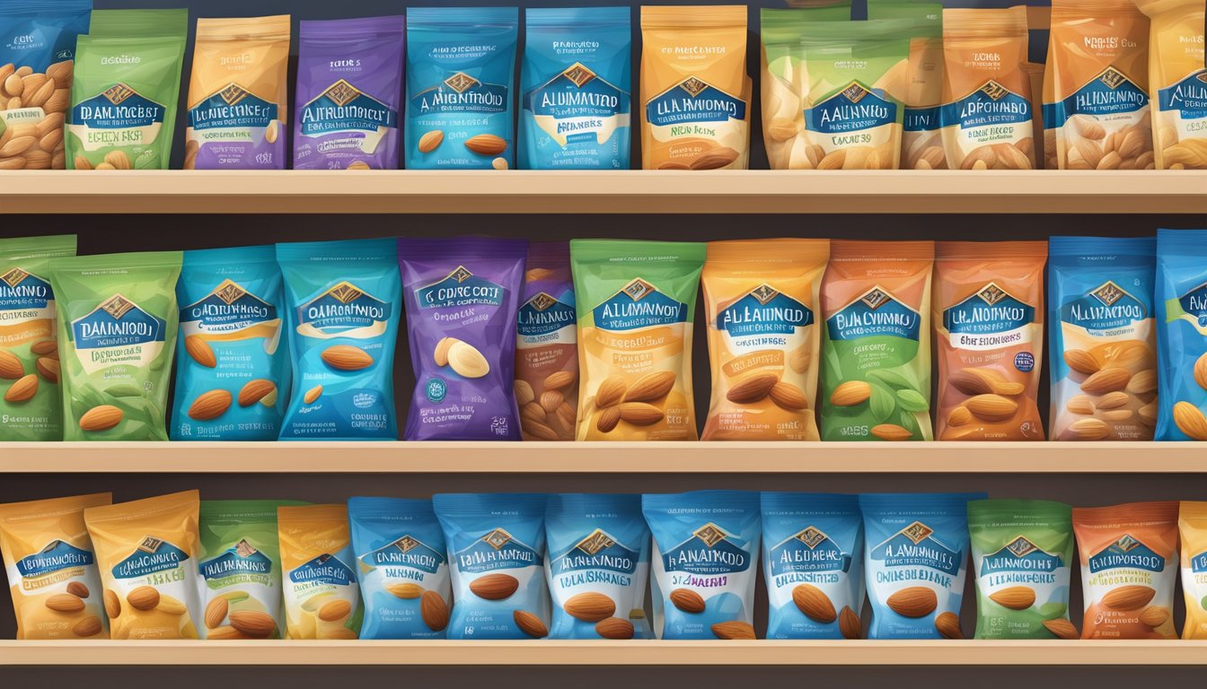 A variety of colorful, neatly arranged packaging of Blue Diamond Whole Natural Almonds and other healthy snacks on a grocery store shelf