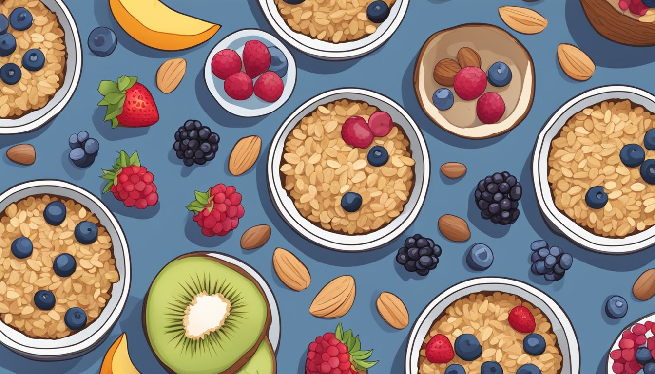 A colorful spread of coconut and berry baked oatmeal variations, arranged on a wooden table with fresh fruit and nuts scattered around