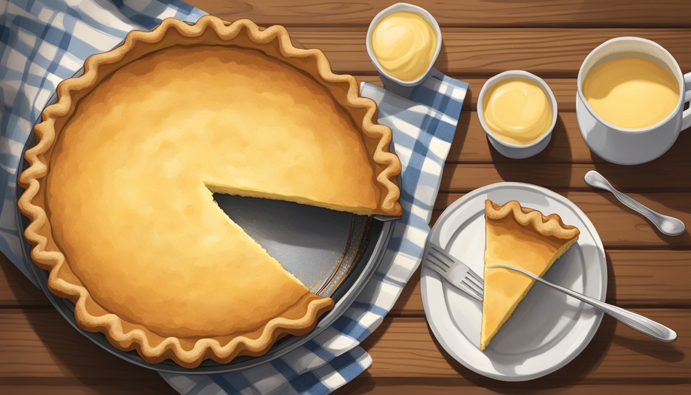 A freshly baked buttermilk pie sits on a rustic wooden table, with a golden-brown crust and a creamy, custard-like filling