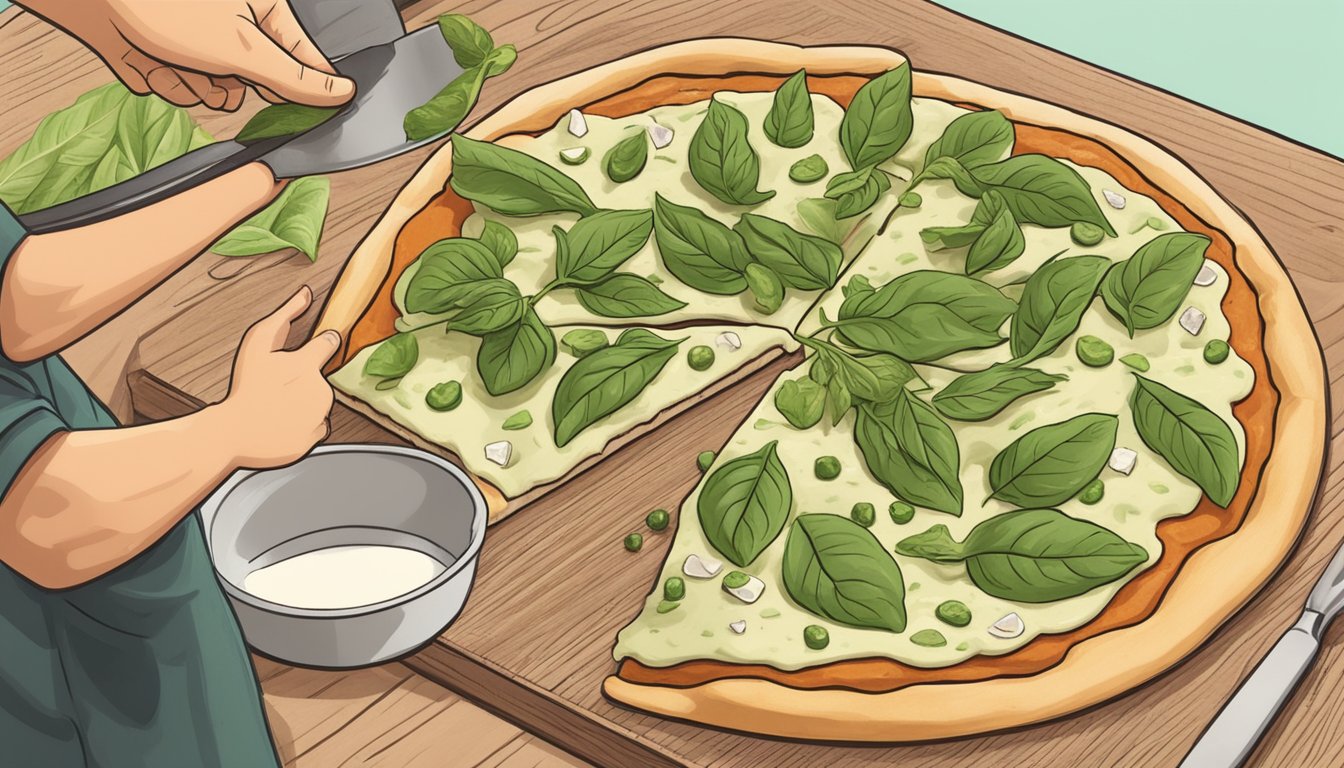 A chef spreads vegan pesto on a pizza crust, topping it with plant-based chicken, fresh basil, and dairy-free cheese before baking