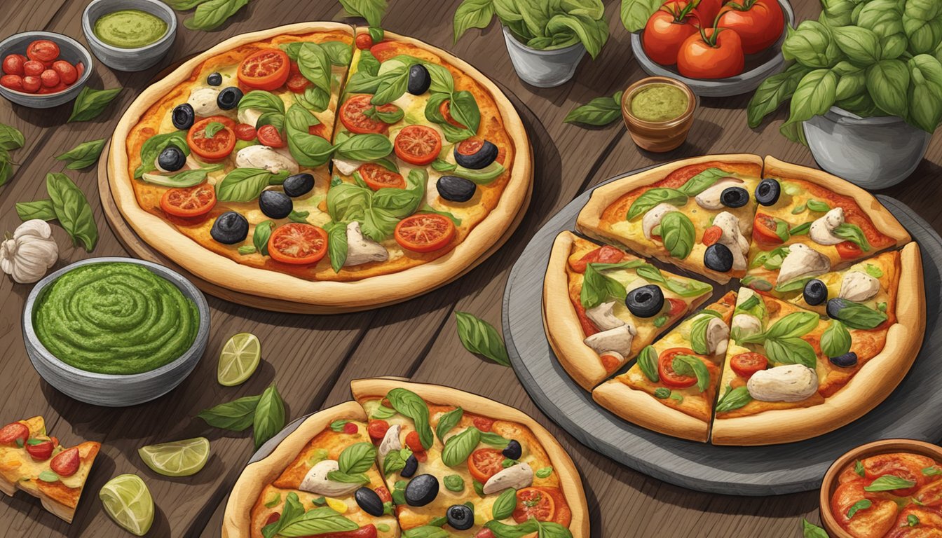 A rustic wooden table displays a variety of gourmet vegan pizzas, including a chicken pesto pizza with colorful and fresh plant-based toppings