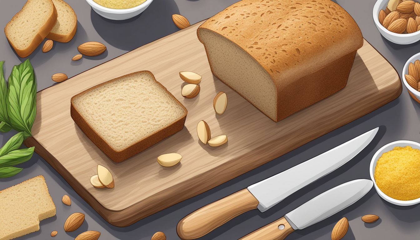 A cutting board with sliced almond flour bread, surrounded by low carb bread alternatives