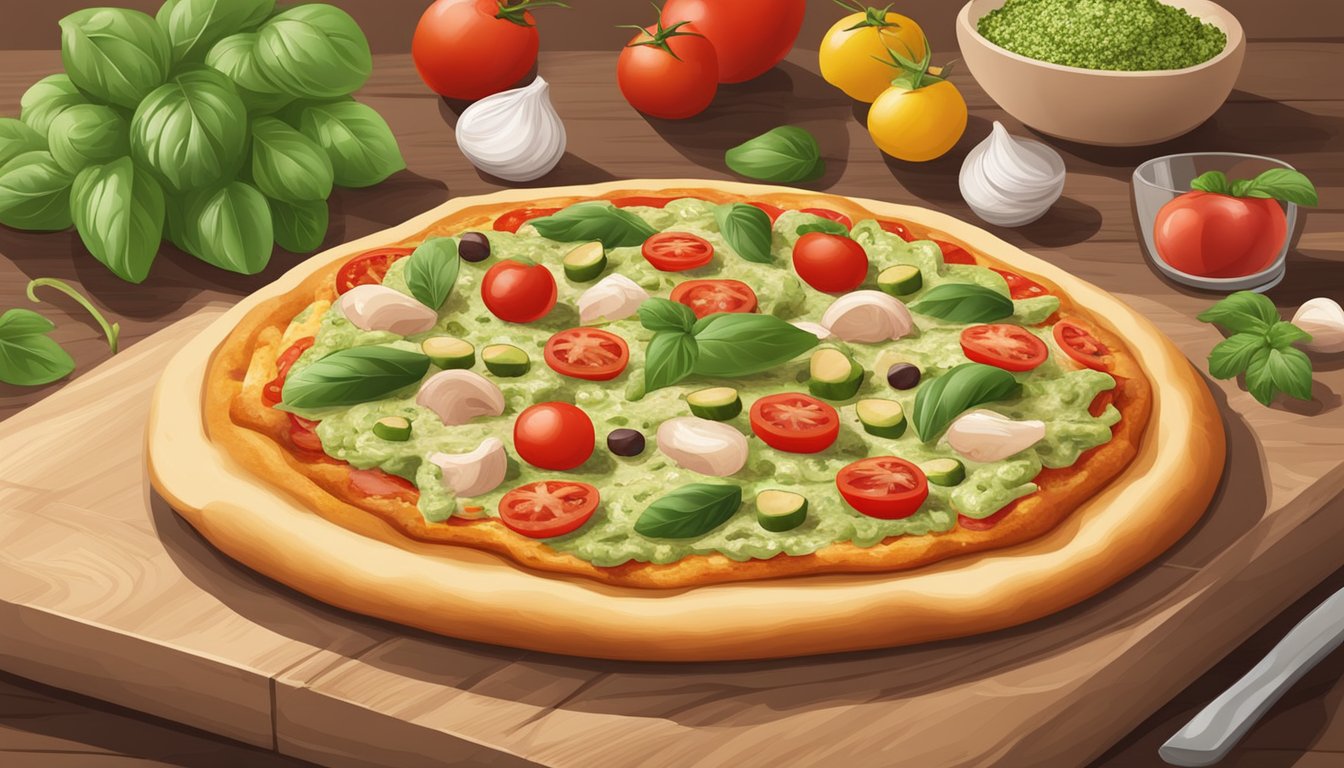 A colorful chicken pesto pizza being prepared with fresh ingredients on a wooden cutting board