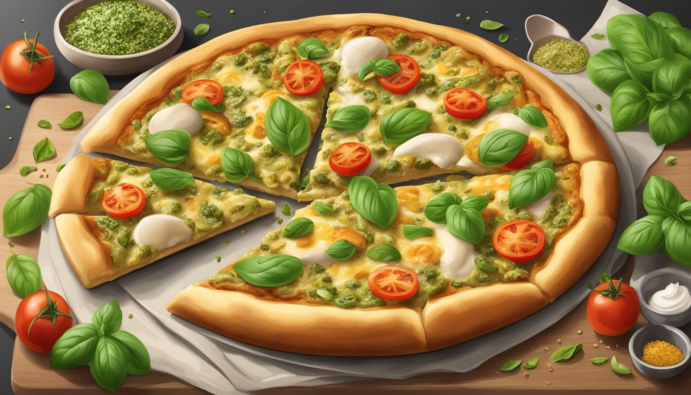 A fresh, colorful chicken pesto pizza with vibrant green basil and rich, golden cheese, sprinkled with flavorful seasonings and herbs