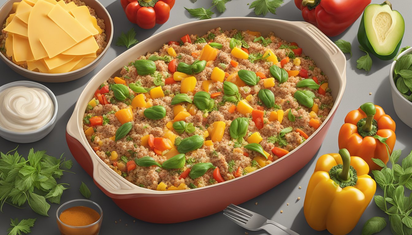 A colorful array of bell peppers, ground turkey, quinoa, and melted cheese in a casserole dish, surrounded by fresh herbs and spices