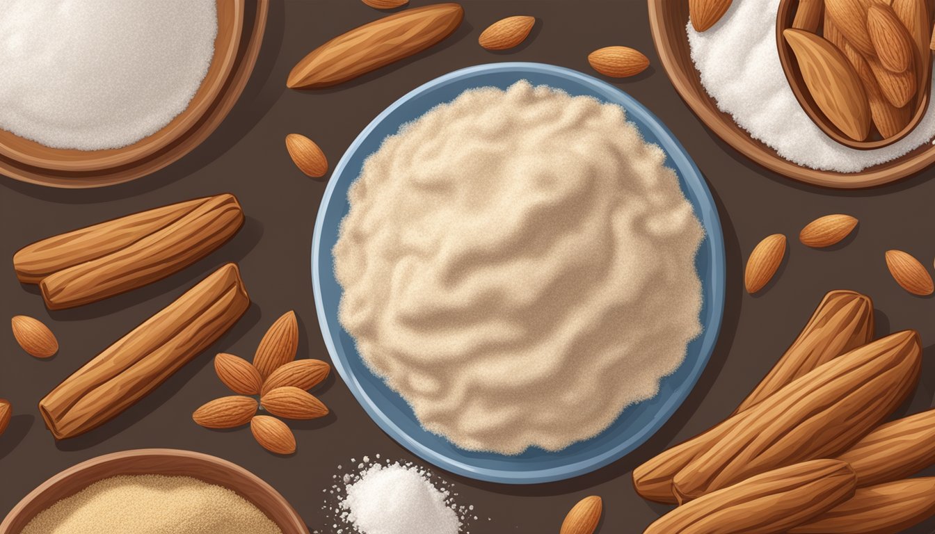 A table with almonds, flour, sugar, and cinnamon