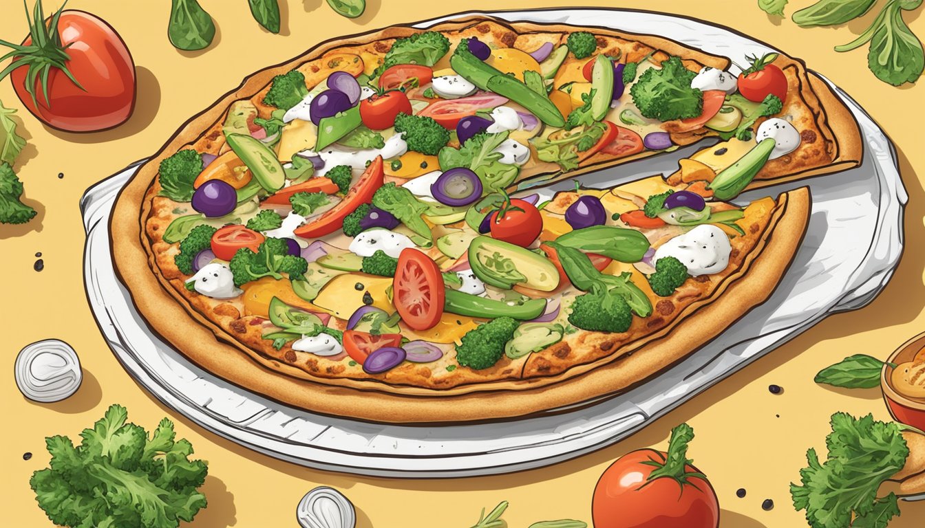 A colorful, mouth-watering pizza topped with vegan chicken, dairy-free ranch dressing, and an assortment of fresh vegetables on a golden, crispy crust