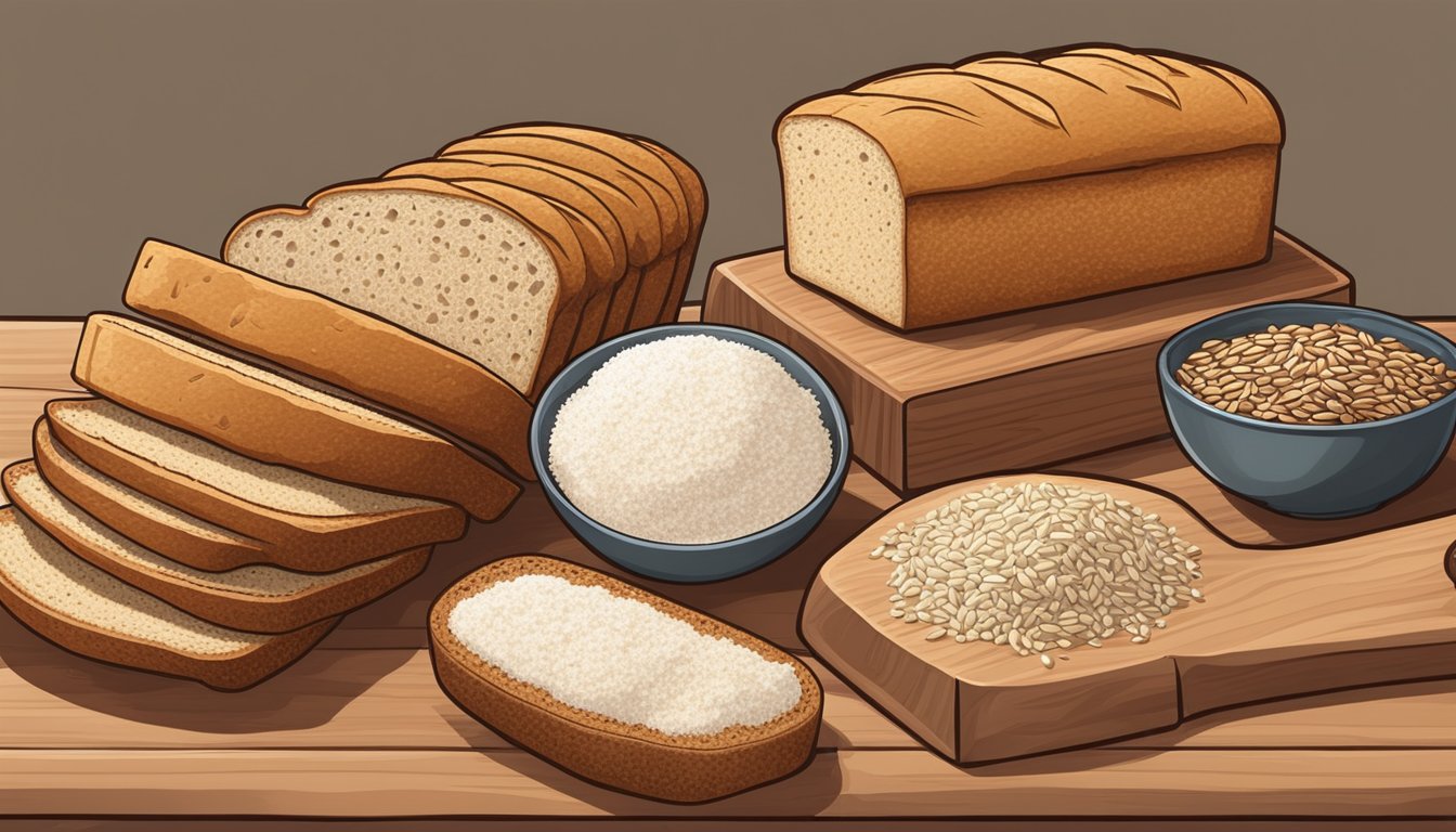 A table with 6 different types of low carb bread alternatives, such as almond flour bread, coconut flour bread, and flaxseed bread, arranged neatly on a wooden cutting board