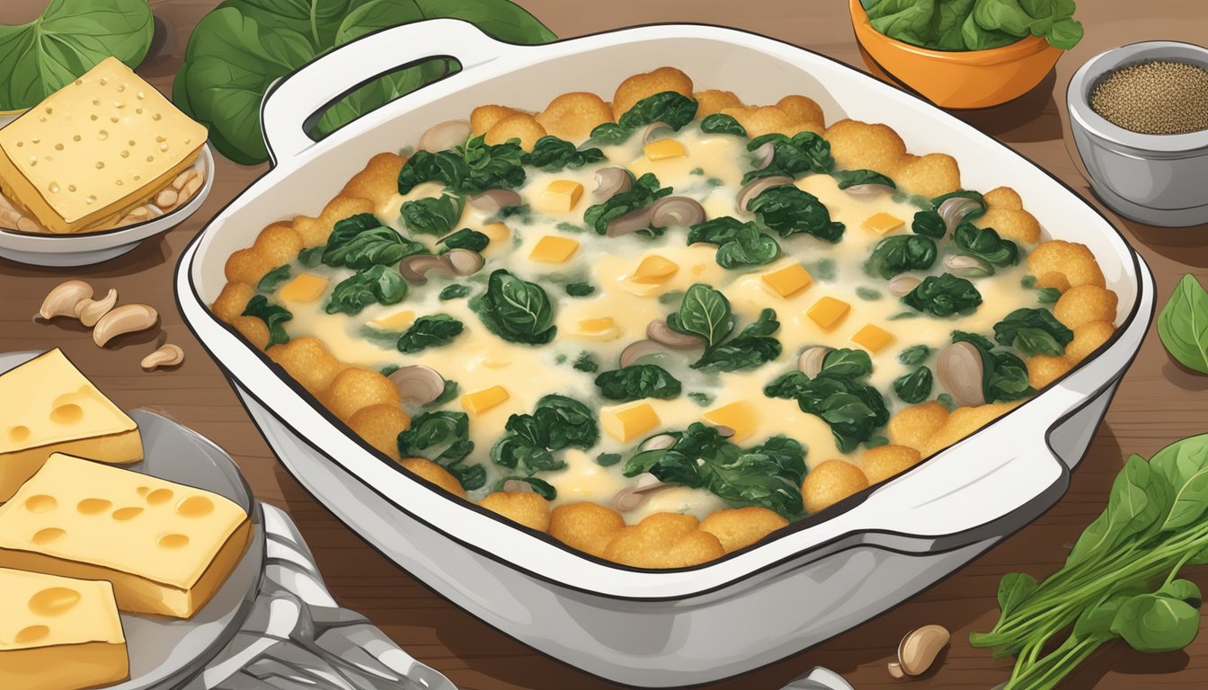 A bubbling casserole dish filled with layers of spinach, mushrooms, and melted cheese, surrounded by fresh ingredients and a sprinkle of herbs