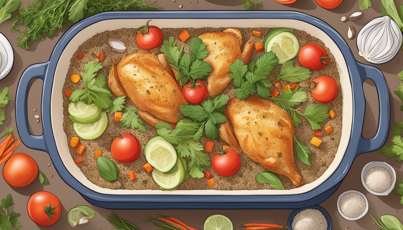 A colorful casserole dish filled with layers of chicken, quinoa, and assorted vegetables, surrounded by fresh herbs and spices