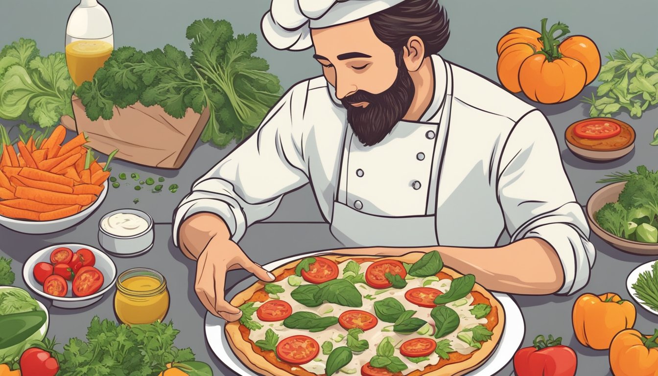 A chef prepares a vegan pizza with dairy-free ranch dressing and faux chicken strips, surrounded by fresh vegetables and herbs