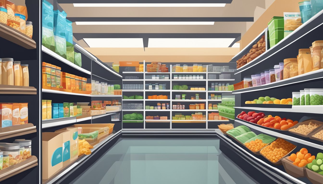 A colorful grocery store aisle with shelves stocked with various healthy snacks, including nuts, fruits, granola bars, and yogurt cups