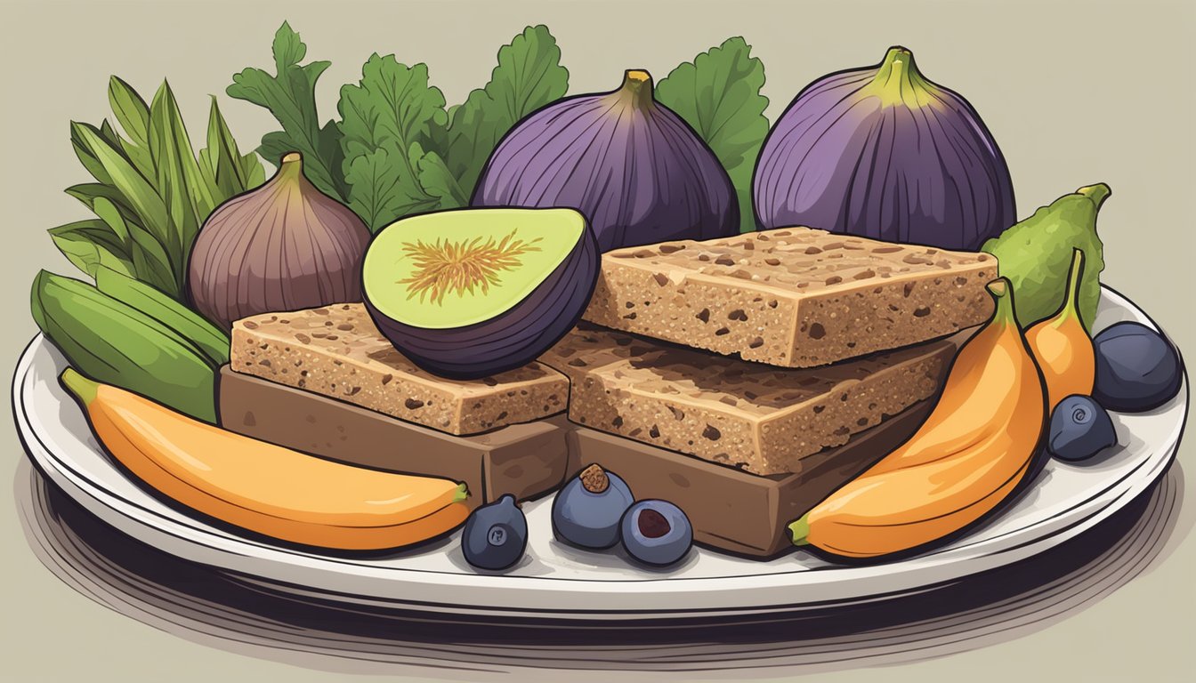 A plate of fig bars surrounded by various fruits and vegetables, with a "vegan" label prominently displayed