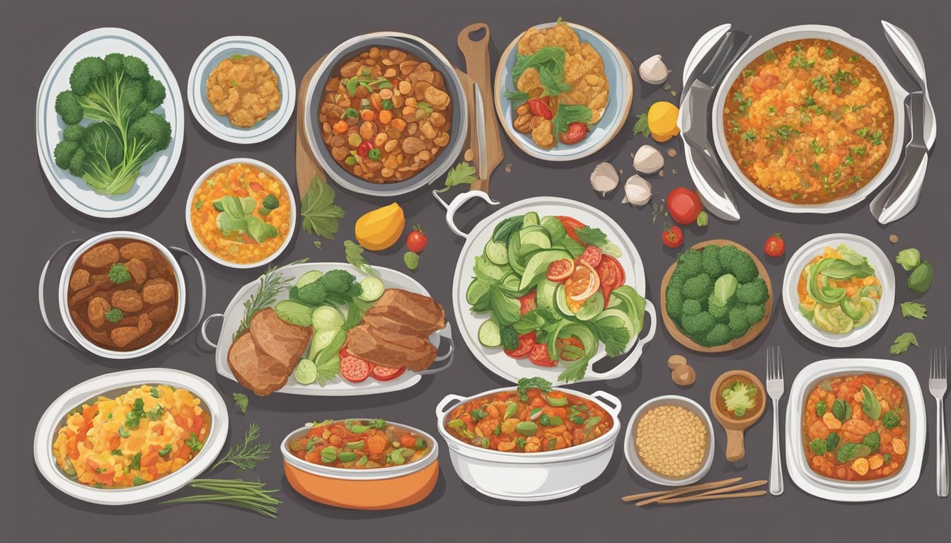 A table set with colorful, nutritious ingredients like lean meats, fresh vegetables, and whole grains. Seven different casseroles are arranged in decorative dishes, showcasing a variety of flavors and textures